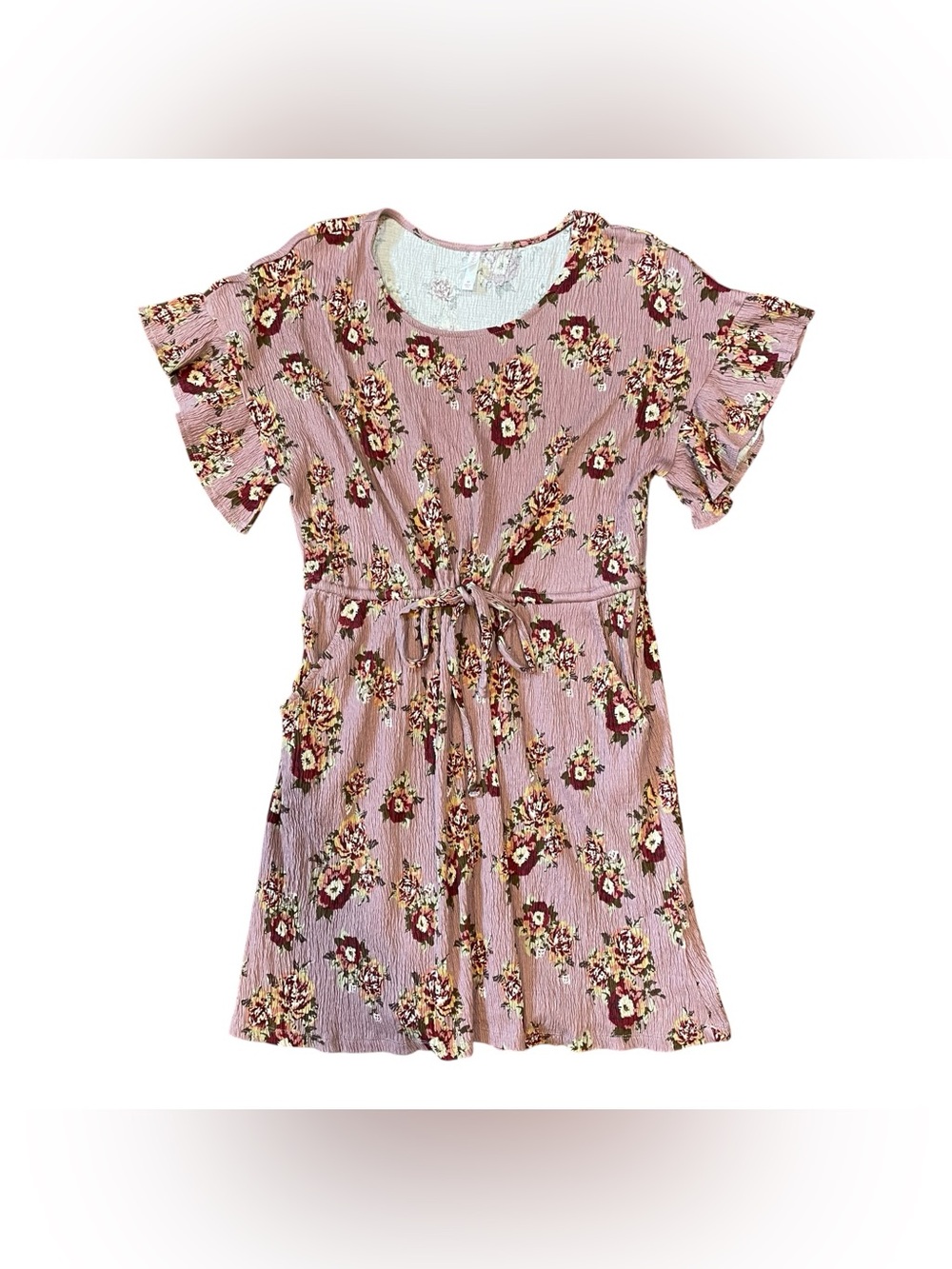 Xhilaration Mini Dress Womens Med Floral Mauve Short Sleeve Pockets Fall Summer